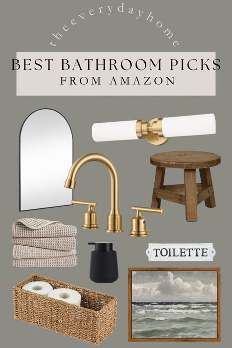 AMAZON BATHROOM PICKS AND FAVOURITES, amazon deals, bathroom decor, bathroom ideas, roundups Organic Bathroom Vanity, Small Bathroom With Gold Fixtures, World Market Bathroom, Amazon Organic Modern, Black And Gold Bathroom Fixtures, Organic Modern Bathroom Decor, Gold Accents Bathroom, Bathroom Gold Fixtures, Bathroom With Gold Fixtures