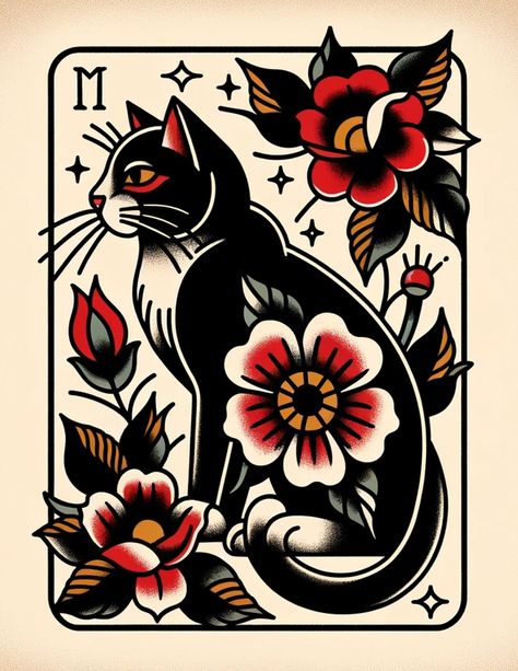 Coverup Tattoo Ideas Traditional, Neo American Traditional Tattoo Black And White, American Traditional Tattoo Aesthetic, American Traditional Ideas, American Traditional Tattoos Mexican, American Traditional Witchy Tattoos, Traditional Colored Tattoos, Black Cat American Traditional Tattoo, Neo Traditional Sun And Moon Tattoo