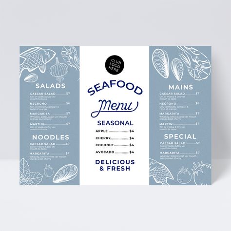 Fish Menu Design, Fish Restaurant Design, Cartas Ideas, Restaurant Promotions, Breakfast Cafe, Restaurant Poster, Restaurant Specials, Orange Twist, Cooking Seafood