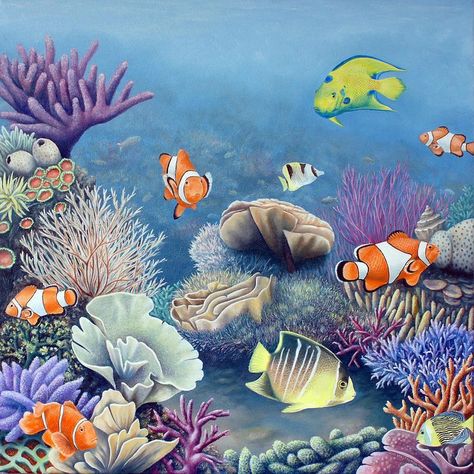 Coral Reef Painting, Coral Reef Drawing, Reef Painting, Coral Painting, Coral Reef Art, Ocean Art Painting, Goldfish Art, Animal Paintings Acrylic, Drawn Fish