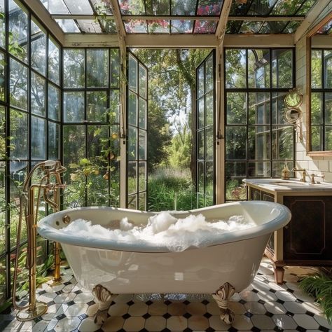 Conservatory Bathroom, Greenhouse Bathroom, Wet Room Ideas, Victorian Greenhouses, Apartment Designs, Interior Rendering, Forest House, Green House, House Bathroom