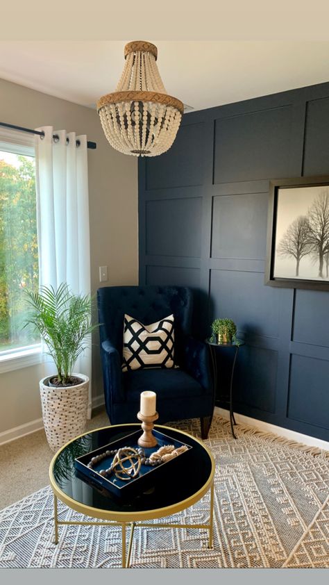 Sitting Room With Wall Panelling, Dark Wall Accent Living Room, Beaded Wall Panelling Living Room, Hale Navy Accent Wall Office, Navy Accent Decor, Navy And Beige Dining Room, Navy Wall Panelling Living Room, Navy Panelling Dining Room, Navy Lounge Room