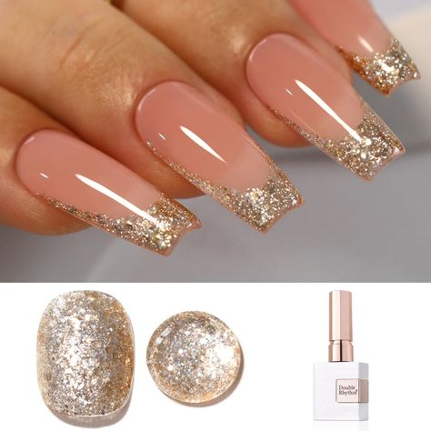 PRICES MAY VARY. All SEASON GEL POLISH: 1 pc 15ml glitter nail polish, need to be cured under UV or LED Lamp for 60-120s. Must apply with Base Gel and Top Coat. Please shake the bottle or warm it with hot water before use, to acheive a better effect. HIGH DURABILITY: Easy to apply even for the beginner, effect last long for 28 days and bring you high gloss shine under proper application. It is an ESSENTIAL for every nail art lover! HEALTHY FORMULA: 9 toxin free ingredient makes it a healthy nail Gold Sparkling Nails, Gold Party Nails, Champagne Nails Wedding, Glittery French Tip Nails, Nude Sparkly Nails, Gold Glittery Nails, Serenity Nails, Glitter French Nails, Holographic Color