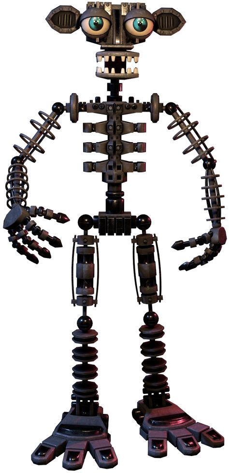 Endo-02 is the animatronic endoskeleton designed for the Withered/Toy Animatronics. It first debuted in Five Nights at Freddy's 2. 1 Appearance 2 Behavior 2.1 FNaF VR: Help Wanted 2.2 FNaF AR: Special Delivery 3 Gallery 4 Trivia It sports six rib-like metal bars and a wide mouth filled with squarish teeth. It has blue eyes and several long wires can be seen poking out behind its back. Its ears appear similar in shape to Foxy's endoskeleton ear, but more round and in different positions. Endo-02 Endoskeleton Fnaf, Withered Animatronics, Withered Freddy, Fnaf Cosplays, Fnaf Icon, Freddy Toys, Freddy's Nightmares, Bonnie Fnaf, Fnaf Photos