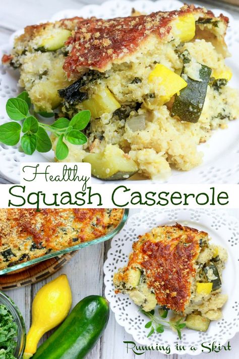 Healthy Squash Casserole recipe - Southern Style with yellow squash, zucchini AND clean eating & heart healthy with greek yogurt. This easy baked summer squash recipe is the best, super tasty and good for you with quinoa and kale plus NO mayonnaise.  Vegetarian. / Running in a Skirt #squash #vegetarian #healthy #casserole #southern Baked Summer Squash, Healthy Squash Casserole, Summer Squash Casserole, Yellow Squash Casserole, Clean Eating Vegetarian Recipes, Summer Squash Recipes, Yellow Squash Recipes, Clean Eating Vegetarian, Squash Casserole Recipes