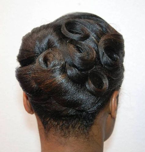 Black Vintage Pin Curls Updo Pin Curl Updo, Curl Updo, Black Updo, Curls Updo, Formal Updo, Retro Updo, Pin Curl, Curled Updo, Black Wedding Hairstyles