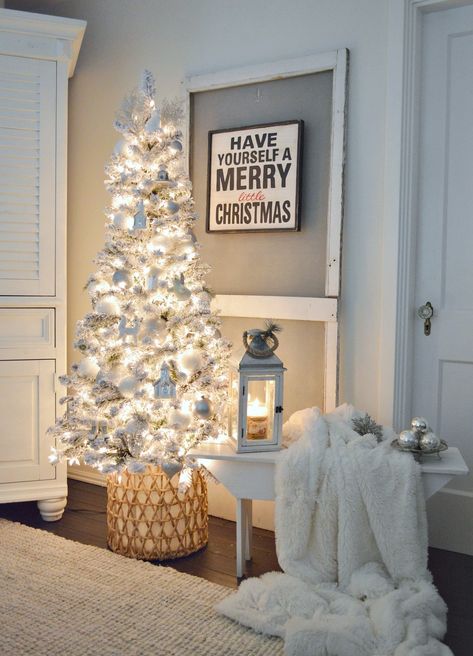 Cozy Cottage Christmas Living Room Home Tour Holiday Living Room, Flocked Christmas Tree, Farmhouse Christmas Tree, Christmas Decor Inspiration, Cottage Christmas, Easy Christmas Decorations, Christmas Decorations Living Room, Flocked Christmas Trees, White Christmas Trees