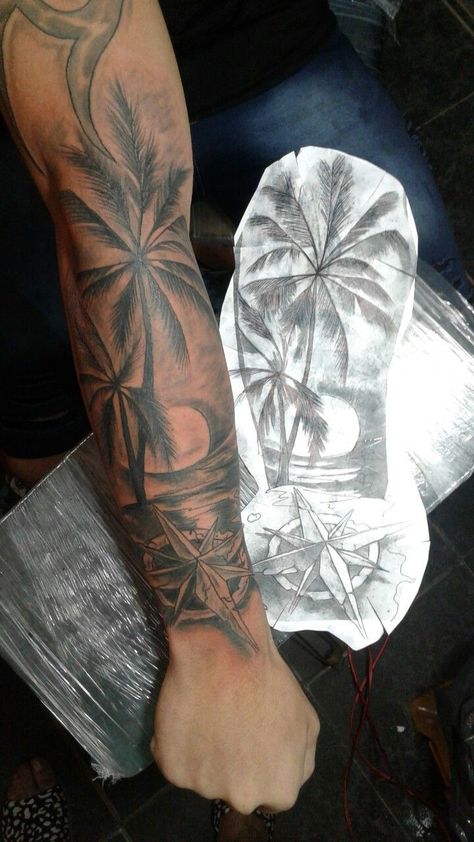 Beach Arm Tattoo For Men, Florida Tattoo Ideas For Men, Strand Tattoo, Arm Tattoos Lettering, Florida Tattoo, Portrait Tattoo Sleeve, Tree Sleeve Tattoo, Arm Tattoos Black, Memorial Tattoo Ideas