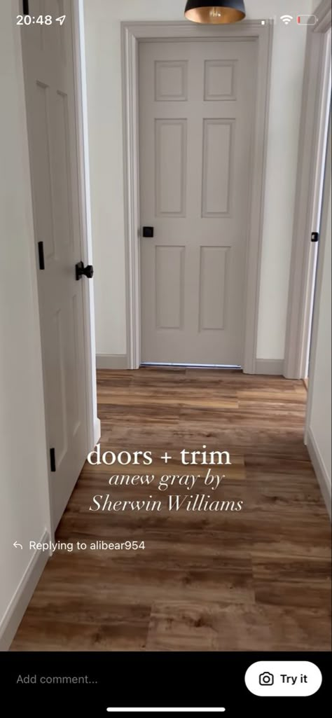 Anew Grey Trim, Greige Trim And Doors, Anew Gray Trim And Doors, Greige Doors And Trim, Taupe Baseboards And Trim, White Walls Painted Doors, Painted Trim White Walls, Gray Trim White Walls, White Walls Grey Trim