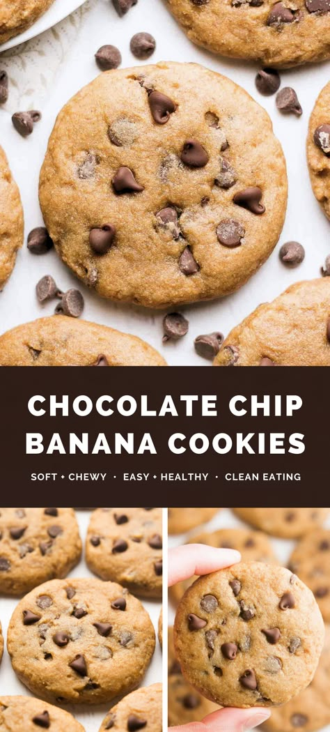 Healthy Banana Chocolate Chip Cookies – easy to make! Soft, chewy & full of chocolate chips. No eggs, dairy or refined sugar! These simple banana cookies are healthy, clean eating, vegan & low calorie. (Great gluten-free options too!) A HUGE favorite – the BEST banana cookies I’ve had! Healthy banana cookies recipe. Banana cookies vegan gluten free. Healthy banana cookies low calorie. Banana cookies without eggs. Banana Chocolate Chip Healthy, Gluten Free Healthy Chocolate Chip Cookies, Healthy Dessert With Ripe Bananas, Healthy Nut Free Cookies, Healthy Biscuits Clean Eating, Banana Chocolate Chip Cookies Gluten Free, Banana Healthy Cookies, Chickpea Banana Cookies, Banana Cookies No Egg