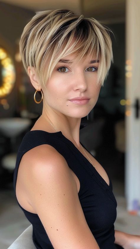 40 Cutest Angled Pixie Hairstyles That Are Perfectly On-Trend Pixie Stacked Bob Haircut, Choppy Bob Hairstyles Medium, Short Coarse Hairstyles, Long In Front Short In Back Haircut, Short Hair Fine Straight, Medium Sassy Hairstyles, Blonde Pixie With Lowlights, Short Hair Center Part, Ombre Pixie Hair