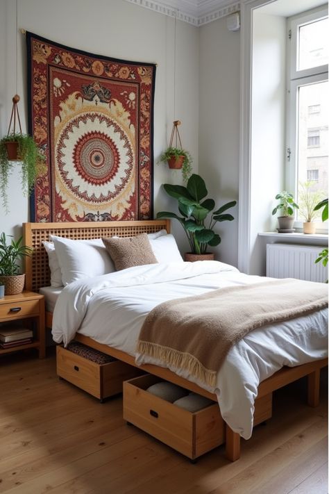 Small apartment bedroom with tapestry headboard and hanging plants Renter Friendly Bedroom Ideas, Renter Friendly Bedroom, Stylish Apartment Decor, Rental Bedroom, Vancouver Apartment, Temporary Decorating, Studio Layout, Decorating Bedroom, Apartment Makeover