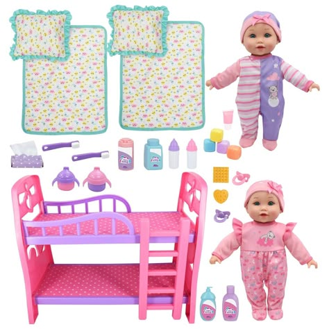 LITTLE DARLINGS: 12" TWIN DOLLS BEDTIME FUN SET - 29PC - Little Darlings 12" Bedtime Fun is 29 piece set! This awesome set includes a plastic bunk bed with 2 pillows and 2 blankets and 2 12" baby dolls. Each 12" baby doll has a soft body and comes with an adorable outfit and matching hat that are removable and interchangeable. When the babies are ready to play you have plenty of accessories to do so. Accessories included are tissue box with tissues, 3 play bottles, wipes bottle, 2 sippy cups, 4 play blocks, 2 toothbrushes, 2 pacifiers, toothpaste tube, 2 crackers and 2 baby bottles. Enough for each baby to be fed, played with and put to sleep when they are tired. So get ready for some bedtime fun with our Little Darlings 12" Bedtime Fun set. Perfect for ages 2 and up. INCLUDES: 1-bunk bed, Baby Dolls For Toddlers, Baby Doll Set, Baby Doll Nursery, Twin Dolls, Baby Doll Toys, Baby Doll Accessories, Sleep Accessories, Sippy Cups, Doll Beds