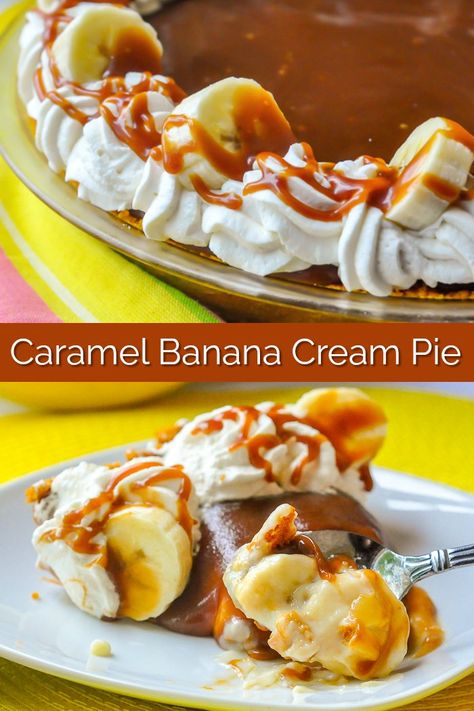 Caramel Banana Cream Pie. Good old Banana Cream Pie gets the luscious addition of a layer of homemade caramel sauce on top. The result is as completely indulgent as it gets. Bound to become a family favourite recipe. #barbecuedessert #pie #dessert #caramel Caramel Banana Cream Pie, Barbecue Desserts, Newfoundland Recipes, Caramel Pie, Banana Pie, Rock Recipes, Homemade Caramel Sauce, Banana Cream Pie, Updated Traditional