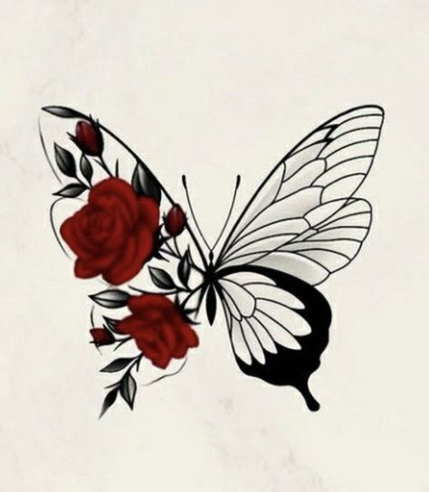 Red Butterfly Flower Tattoo, Tattoo Ideas Roses And Butterflies, Butterfly Tattoo Designs Flowers, Butterfly With Roses Tattoo, Rose Butterfly Tattoo Design, Rose And Butterfly Tattoo Design, Rose Butterfly Tattoo, Flower Butterfly Tattoo, Tattoos Simplistic