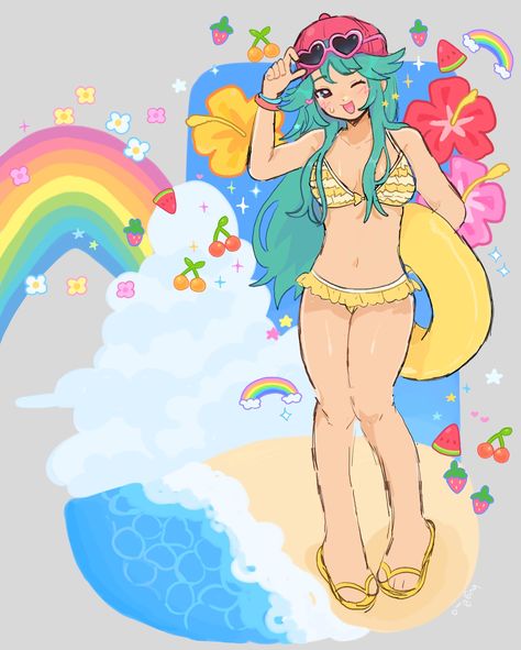 summerlove ♡ Best Friend Pose Reference, Summer Poses Drawing, Summer Pose Reference, Beach Pose Reference, Summer Character Design, Beach Reference, Summer Oc, Degenerate Art, Twitter Art