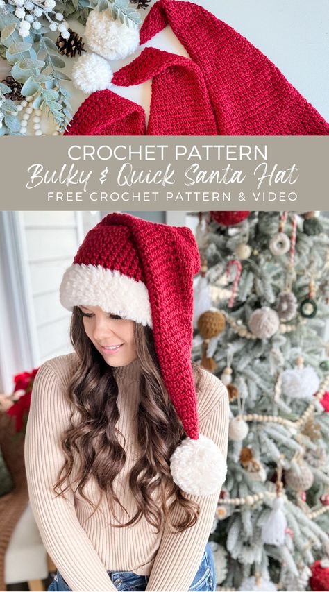 Stay warm this winter with homemade Santa Hats! The Bulky & Quick Santa Hat Crochet pattern provides sizes for everyone, plus fur trim and pompom for extra festivity. Crochet Santa Hat Free Pattern, Crochet Santa Hat Pattern, Santa Hat Pattern, Crochet Santa Hat, Crochet Christmas Hats, Crochet Hood, Crochet Winter Hats, Crochet Santa, Crochet Hat Free