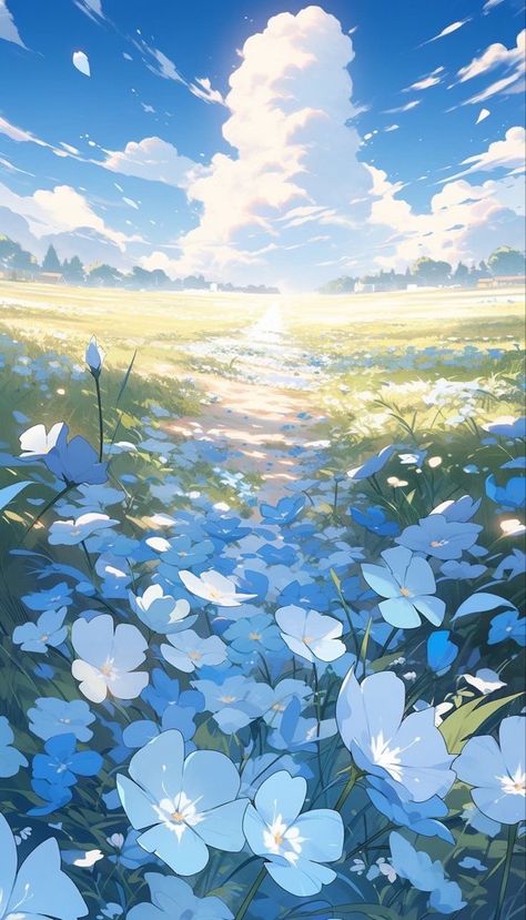 Flower Field Sketch, Flower Field Anime, Cute Flower Field, Flower Field Aesthetic, Aesthetic Animated, Field Sketch, Field Aesthetic, Cute Flower, Flower Field