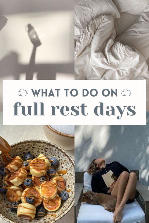 Sometimes you also just need a f*cking break though, so pain or not, I endorse your decision to take a full rest day. I'm sure you already have a full list of things you want to do (even if that list is just "lay in bed"), here are a couple of ideas to add to it.  Click through for our complete guide to rest days 👉🏼 Rest Day Activities, What To Do On A Rest Day, What To Do On Rest Day, Rest Day Routine, Active Rest Day Ideas, Ways To Rest, Rest Day Ideas, How To Rest, Rest Day Aesthetic