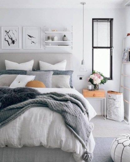 Dark Scandinavian Bedroom, Scandinavian Beds, White Grey Bedroom, Dark Scandinavian, Interior Design Styles Quiz, Wallpaper Colour, Grey Headboard, Mid Century Modern Bedroom, Budget Bedroom