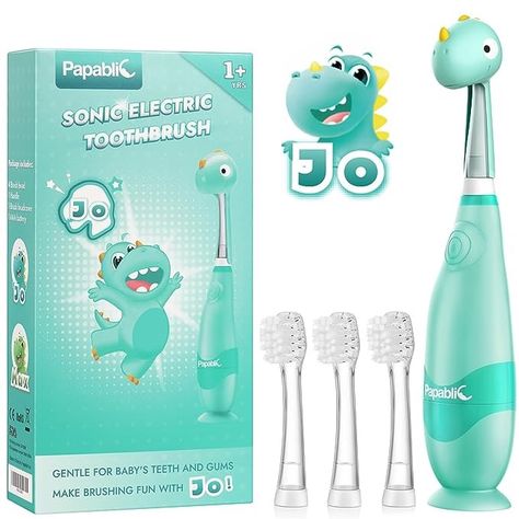 Make Brushing Fun with Jo: Featuring a cute dinosaur design, the innovative toddler toothbrush brings the unique and pure fantasy in children's imagination alive and makes brushing so much fun for your children. The built-in LED light is a magic glow to shed more fun to brushing! Gentle and Effective Cleaning: 18,000 delicate vibrations per minute allows the toddler electric toothbrush to ensure maximum reach with both comfort and hygiene to all the teeth and gums of your children. Good Brushing Dino Design, Electronic Toothbrush, Cute Dino, Sonic Electric Toothbrush, Sonic Electric, Shake Off, Dinosaur Design, Baby Teeth, Electric Toothbrush