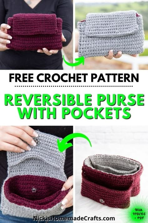 Crochet Pocket Bag Free Pattern, Crochet Purse Organizer, Crochet Purse With Pockets, Crochet Purse Organizer Pattern Free, Crochet Organizer Bag, Crochet Purse Closure, Free Reversible Crochet Patterns, Free Crochet Wallet Patterns, Crochet Crossbody Purse Pattern Free