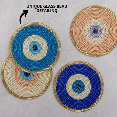 Beaded Coasters, Farmhouse Coasters, Gold Coasters, Bead Matted, Artisanal Design, Cute Coasters, Absorbent Coasters, Eye Decor, Bar Coasters