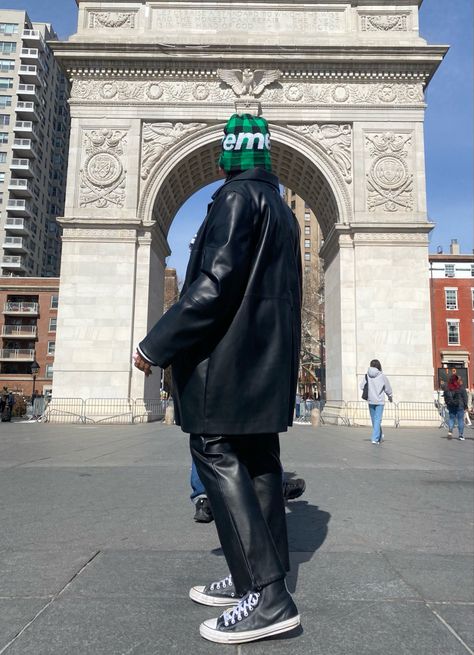 Outfit details: Green checkered supreme beanie, oversized H&M leather trench coat, Loft leather pants, and Leather High top converse Leather High Top Converse, Supreme Beanie, Green Checkered, High Top Converse, Winter Fit, Leather Trench, Leather High Tops, Leather Trench Coat, Converse High Tops