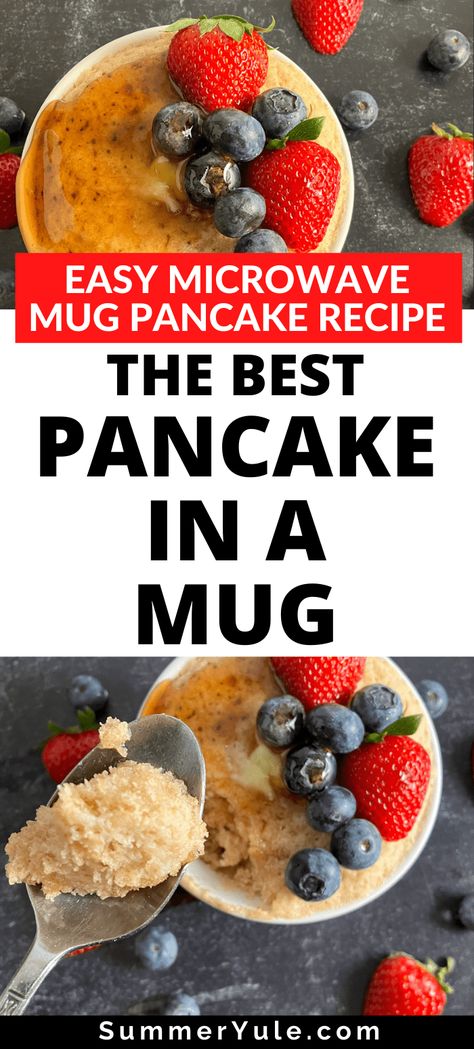 Learn to make mug pancakes! This pancake in a mug recipe is the ultimate easy breakfast hack for lazy weekend mornings. Get tips on how to make pancakes in microwave that are vegan and gluten free, as well as a protein-packed Kodiak pancake in a mug. You’ll love this 1 minute, 1 cup pancake recipe that’s thick yet fluffy, and perfect with a variety of pancake toppings. #breakfast #vegan #vegetarian #highcalorie #easymeals Pancake Mix In A Mug, Pancake In A Cup, Lazy Pancake Bowl, Kodiak Microwave Pancake, Kodiak Mug Pancake, Kodiak Pancake Mix Recipes Microwave, Protein Pancake In A Mug, Protein Pancake Bowl Microwave, Mug Pancake Microwave