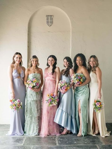 Green Yellow Pink Bridesmaids, Pink Purple Blue Green Wedding, Pastel Rainbow Bridesmaid Dresses, Blue Pink Green Wedding, Blue Green Bridesmaid Dresses, Rainbow Bridesmaid Dresses, Rainbow Bridesmaids, Pastel Weddings, Pastel Bridesmaids