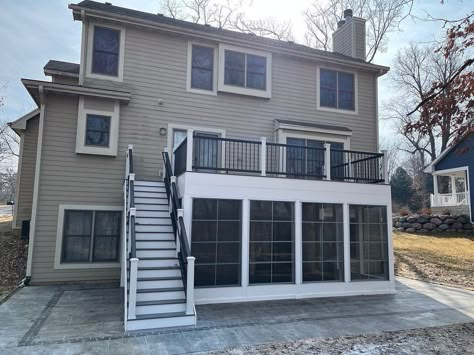 Screen In Under Deck, 3 Season Porch Under Deck, Deck Over Sunroom, Walkout Basement Sunroom, Room Under Deck Ideas, Addition With Deck On Top, Sunroom Under Deck Ideas, Under Deck Room Addition, 4 Season Room Under Deck