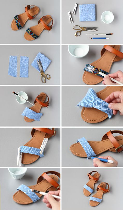 Diy sandal makeover- This would work great for a yard sale find or for those outdated shoes you just love! Shoe Refashion, Shoe Makeover, Fabric Sandals, Diy Sandals, Diy Slippers, Diy Clothes And Shoes, Diy Vetement, Shoe Crafts, Old Shoes