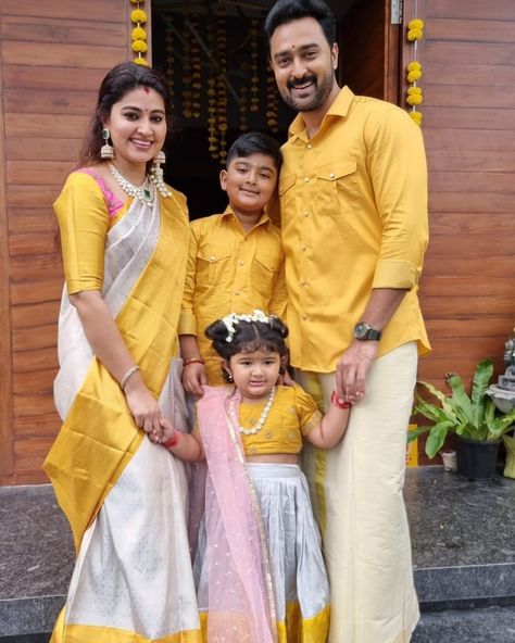 Sneha prasanna and family in matching yellow ivory outfits for Diwali21 2 Sneha Family Photos, Family Clothing Sets Wedding, Family Dress Code For Wedding Indian, Family Dress Combination, Family Dress Combination Indian, Family Matching Outfits Photography, Family Matching Outfits Indian, Kanchipuram Silk Saree Wedding, Sneha Prasanna