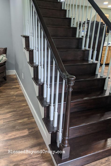 refinished staircase Dark Brown Staircase, Refinished Staircase, Dark Wood Stairs, Refinish Staircase, Painting Over Stained Wood, Dark Staircase, Stairs And Doors, Stairs Renovation, Diy Fireplace Makeover