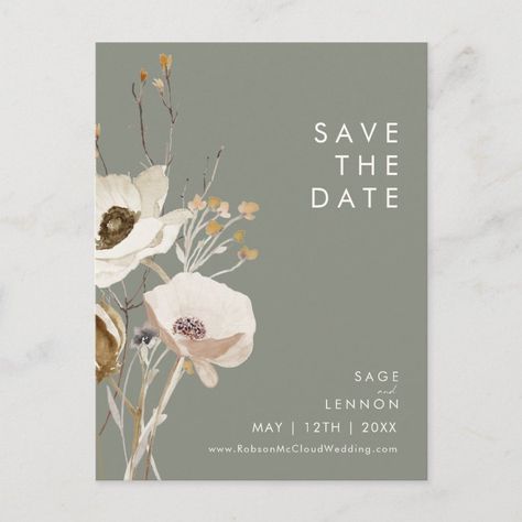 Whimsical Wildflower Sage Green Save the Date Invitation Postcard  Zazzle Sage And Champagne, Sage Green Save The Date, Wildflower Save The Date, August Weddings, Sage Wedding Invitations, Green Save The Date, Save The Date Elegant, Postcard Watercolor, Boho Save The Date