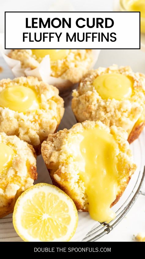 These lemon curd muffins are zesty and spongy muffins topped with a crumbly streusel and filled with an easy homemade lemon curd! They're equal parts sweet and citrusy, making them the perfect breakfast, snack, or dessert. Lemon Curd Filled Muffins, Muffin Crumble Topping, Lemon Curd Muffins, Coconut Cream Recipes, Homemade Lemon Curd, Lemon Curd Filling, Lemon Poppyseed Muffins, Sweet Muffin, Filled Muffins