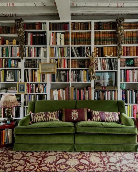 Had this gorgeous library spot from @nicolocastellinibaldissera (spotted via @peter_kleijnenburg_interior ) saved for awhile - love the floor to ceiling bookshelves with the velvet sofa in front of them and a beautiful rug. The rug reminds me of a Mashad. We have several in the shop. Swipe to take a look. This grouping is all new pieces - made in India and Pakistan in the Persian tradition. Which one is your favorite? I’d love to hear. Please DM for more info and to learn about our special IG... Books Stacked On Floor, Floor To Ceiling Bookshelves, Beautiful Bookshelf, Wooden Ideas, Library Room, Comfy Seating, Rug Inspiration, Design Rules, Home Library