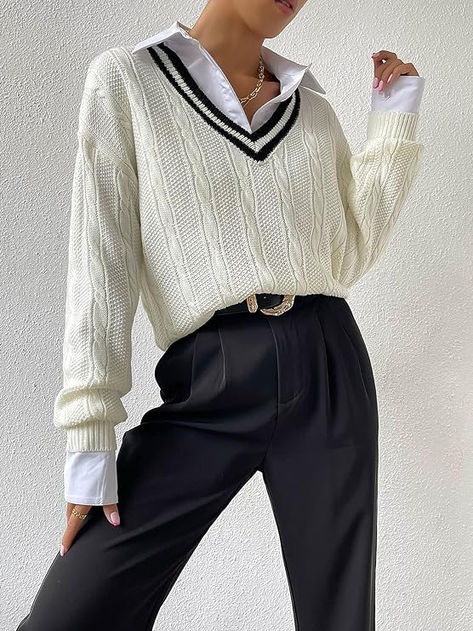 Verdusa Women's V Neck Striped Drop Shoulder Long Sleeve Sweater Knit Tops Pullover Vest Outfits Aesthetic, Business Casual Sweater, Striped Sweater Outfit, Sweater Refashion, Sweater Outfit, Knit Tops, Vest Outfits, Loose Sweater, Classic Dress