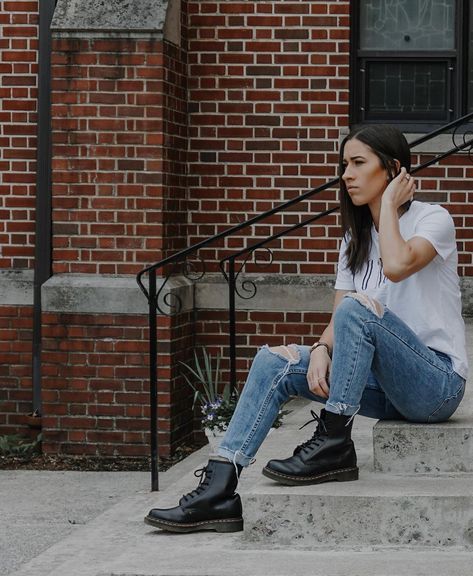 Woman in jeans and dr martens doc martens Combat Boots With Jeans, Jeans And Dr Martens, Woman In Jeans, Doc Martens Outfits, Combat Boot Outfits, Martens Outfit, Dr Martens Outfit, Doc Martens Outfit, Jean Skirt Outfits