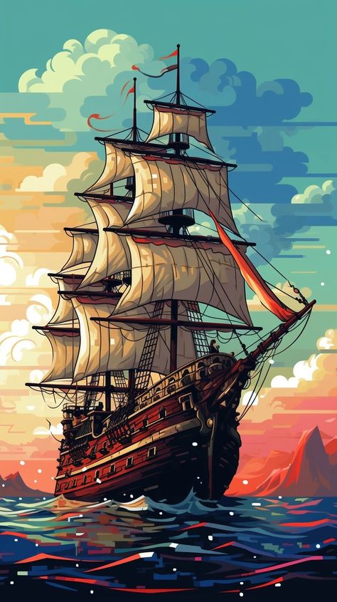 Old Ship Drawing, Ghost Ship Art, Ship Drawings, Pirate Ship Drawing, Ship Wallpaper, Ships At Sea, Pirate Ship Art, Navi A Vela, Boat Wallpaper