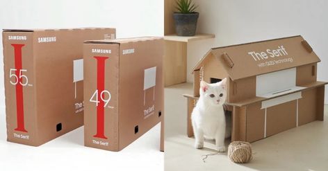 Samsung's Reusable Boxes Are the Perfect Example of Upcycling Eco Packaging Ideas, Reusable Packaging Design, Upcycle Cardboard, Eco Packaging Design, Cat Homes, Sustainable Packing, Secondary Packaging, Reusable Packaging, Eco Packaging