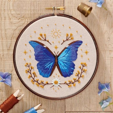 Emillie Ferris, Blue Butterfly Embroidery, Butterfly Embroidery Pattern, Embroidered Insects, Emoji Coloring Pages, Embroidery Butterfly, Embroidered Butterflies, Clothes Embroidery Diy, Love Embroidery