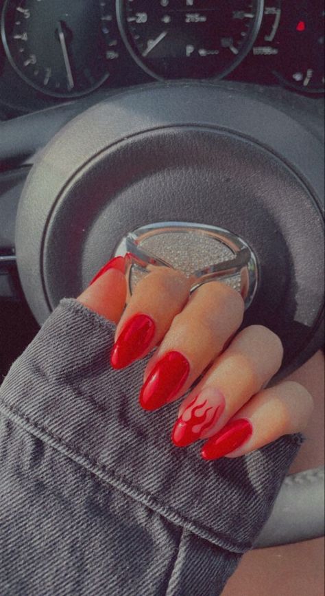 Red Nails Trendy 2024, Red Nails With Line Design, Glitter Flames Nails, Red Nail Designs Baddie, Almond Nails Designs Flame, Fire Red Nails Design, Red Nails Flame Design, Fire Nails Designs Red, Red Flame Nails Almond