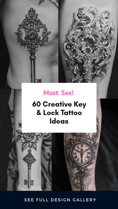 Discover 60 creative key and lock tattoo ideas with this eye-catching pin featuring unique designs and inspiring placements. Explore meaningful symbols that represent love and freedom, along with captivating imagery. Disney Key Tattoo Ideas, Key Lock Tattoo, Key Tattoo Designs Vintage, Key And Lock Tattoo, Lock And Key Couple Tattoo, Key To My Heart Tattoo, Small Key Tattoos, Heart Lock Tattoo, Lock Key Tattoos