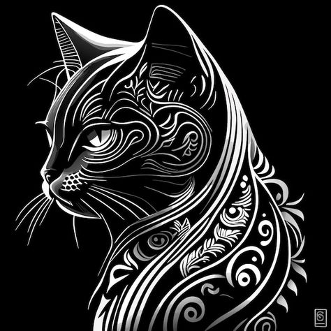 Circle Cat Drawing, Black Cat Coloring Pages, Birman Cat Drawing, Black And White Cat Tattoo, Stencil Art Ideas, White Cat Tattoo, White Over Black Tattoo, Black And White Cat Art, Cheshire Cat Drawing