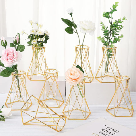 Novel Vase Set: you will get 8 sets of gold flower vases for centerpieces with metal rack stands, sufficient quantity to hold your lovely flowers and plants, adding more freshness to your home and office, also delicate decors for your places Sukkah Ideas, Geometric Centerpiece, Geometric Vase, Glass Vases Centerpieces, Test Tube Vase, Vase Modern, Geometric Vases, Gold Vases, Glass Cylinder