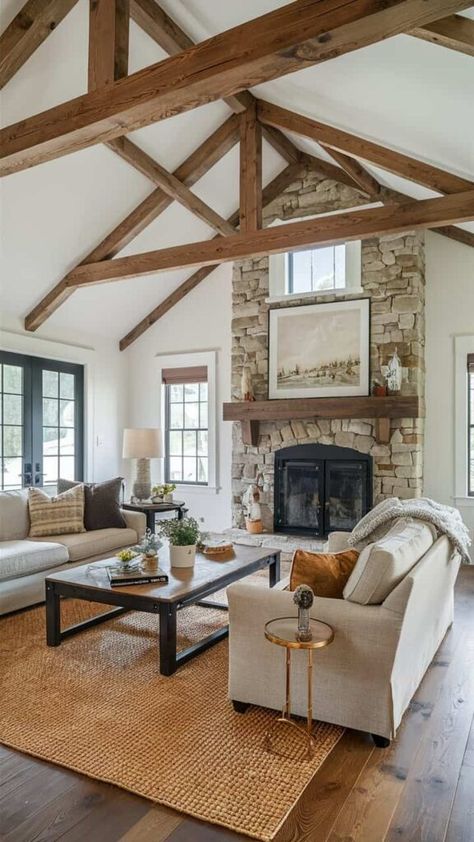 20 Easy Farmhouse Living Room Decor Ideas Family Room With Cathedral Ceiling, Vaulted Beam Ceiling, Peaked Ceiling Living Room, High Vaulted Ceilings Living Room, High Ceiling Farmhouse, Living Room Beams, Tall Ceiling Living Room, Ceiling Beams Living Room, Great Room Addition