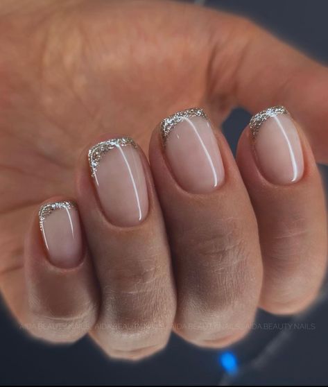 Pink Nails Silver Tips, Sparkly French Dip Nails, Short Nail Glitter Tip, French Manicure With Silver Tips, Simple Silver Nails Short, Sparkle Tip Nails Glitter, Silver Glitter French Tip Nails Square, Silver Biab Nails, Short Sliver Nails