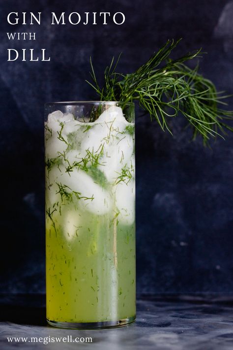 This Gin Mojito with Dill is an aromatic cocktail that feels like a breath of fresh air; light, herby, and refreshing. #gin #mojito #cocktail #dill #spring | www.megiswell.com Dill Cocktail Recipes, Dill Cocktail, Cocktail Air, Bar Knowledge, Tom Collins Drink Recipes, Gin Mojito, Cocktail Garden, Frozen Drink Recipes, Cocktail Recipes Whiskey