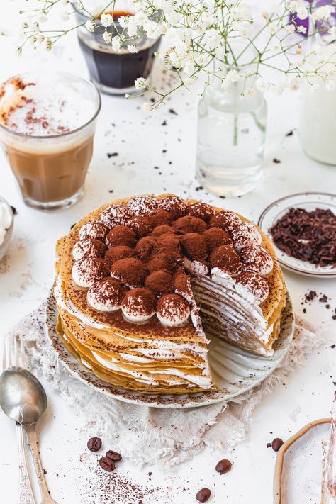 Vegan Tiramisu Crepe Cake - Nourishing Amy Whipped Cream Coffee, Vegan Crepes Recipe, Fresh Toast, Dinner Party Vibes, Dairy Free Vegan Recipes, Xmas Breakfast, Crepe Cake Recipe, Meal Plan Prep, Vegan Crepes